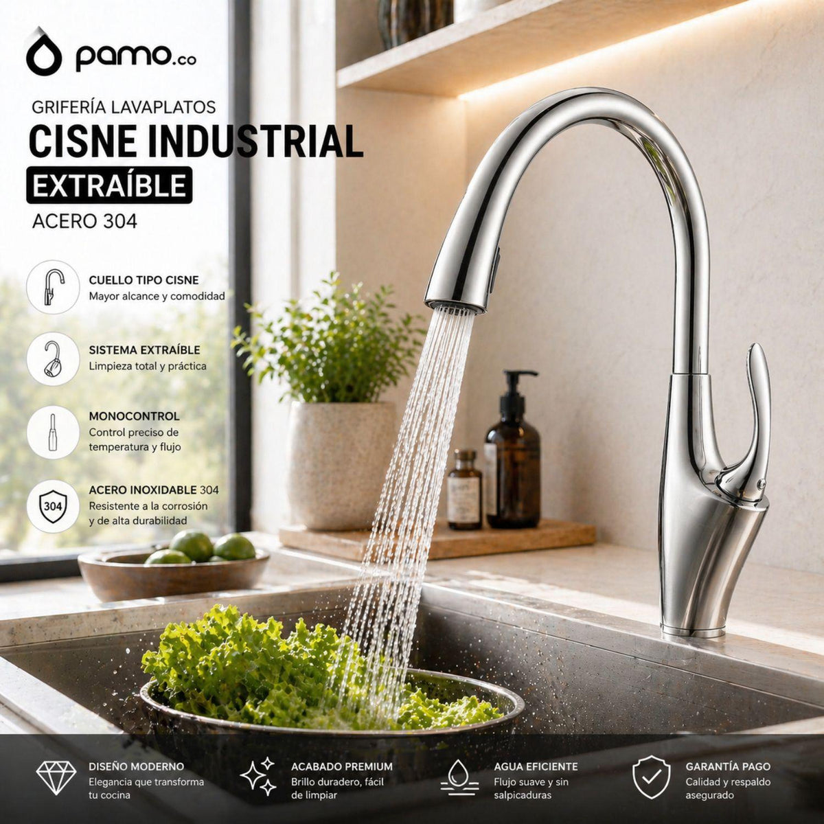 Grifería Lavaplatos Tipo Cisne Industrial Extraíble Acero Inoxidable 304 | Monocontrol