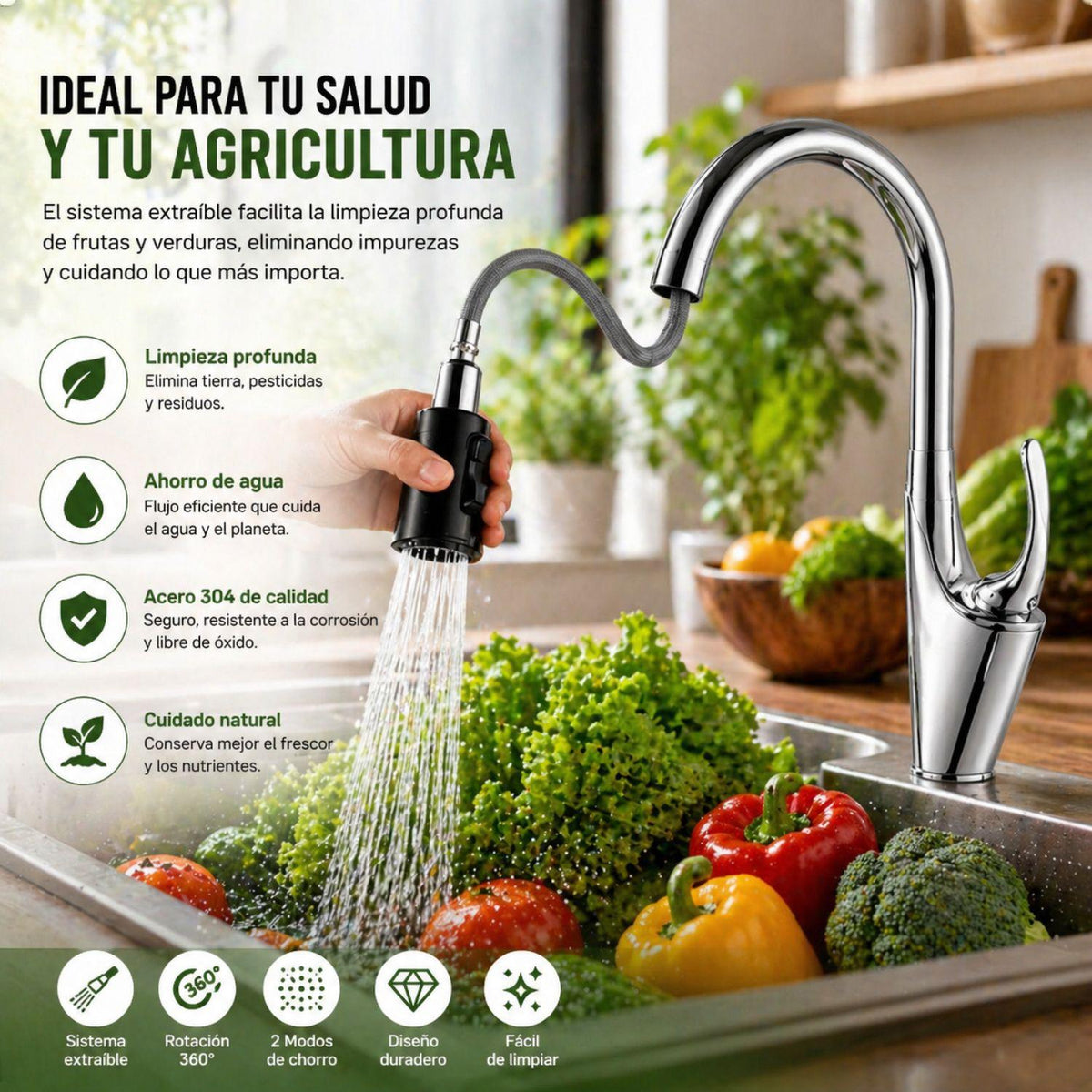 Grifería Lavaplatos Tipo Cisne Industrial Extraíble Acero Inoxidable 304 | Monocontrol