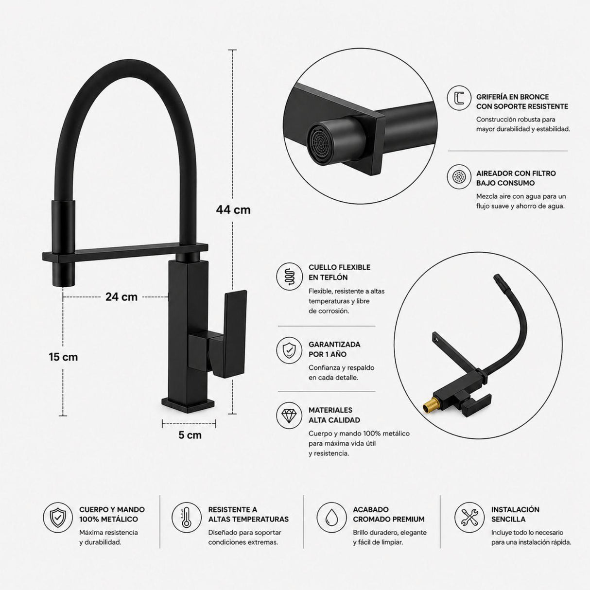 Grifería Lavaplatos Monocontrol Negra Mate Flexible | Cuello en Teflón y Cuerpo Metálico Premium Elegant Negro