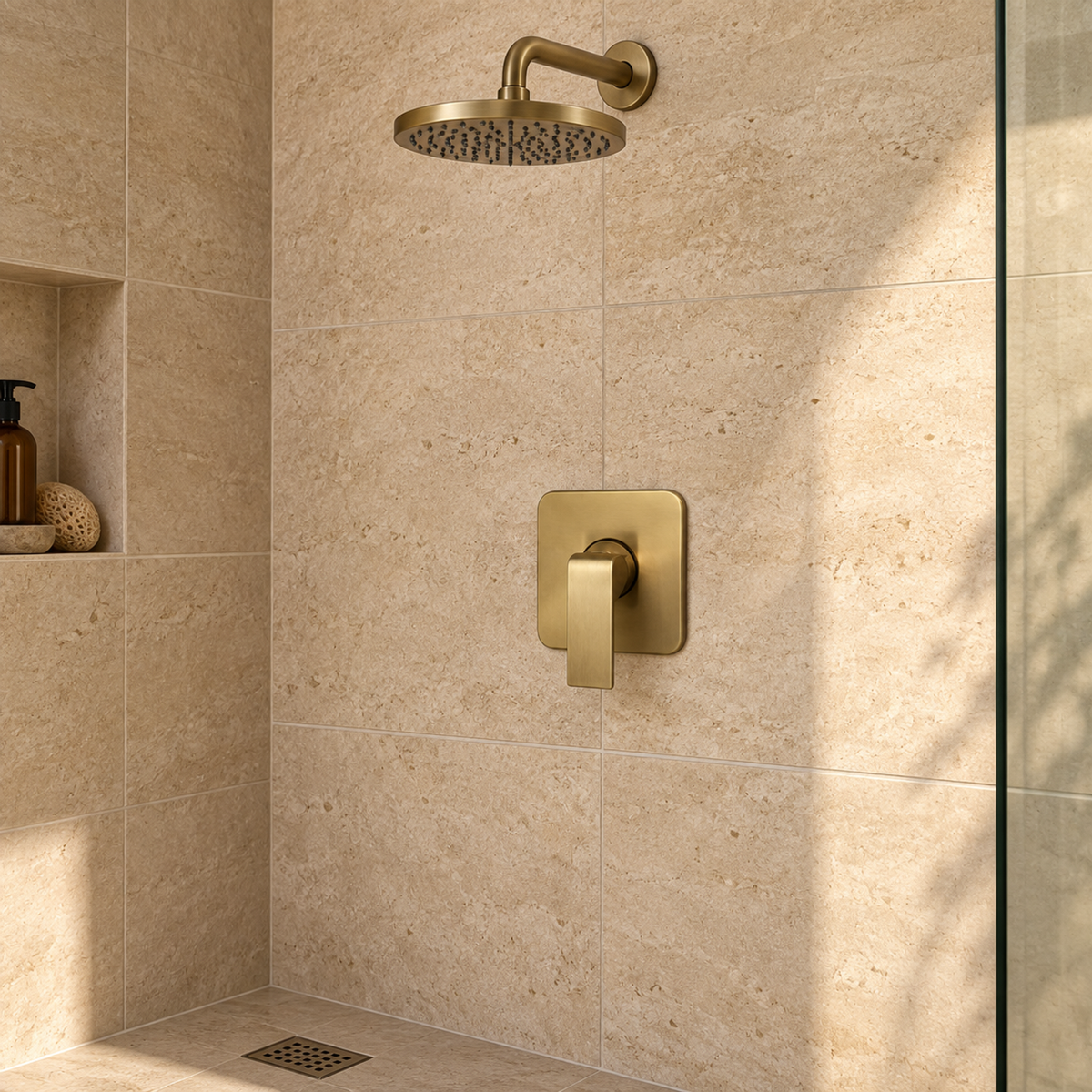 Detalle ambiental del monocontrol Coral bronce antiguo alineado con la ducha