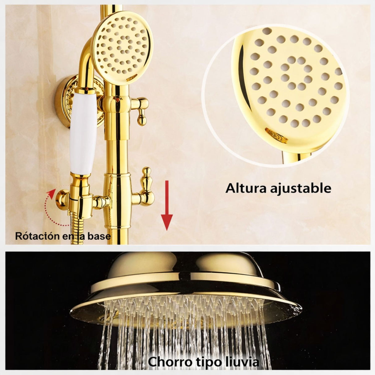 Grifería Ducha Expuesta Vintage Egipto Dorada Monocontrol con Ducha Teléfono y Salida a Bañera