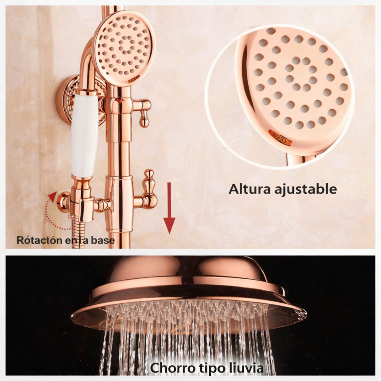 Grifería Ducha Expuesta Vintage Oro Rosa con Salida a Bañera y Ducha Teléfono