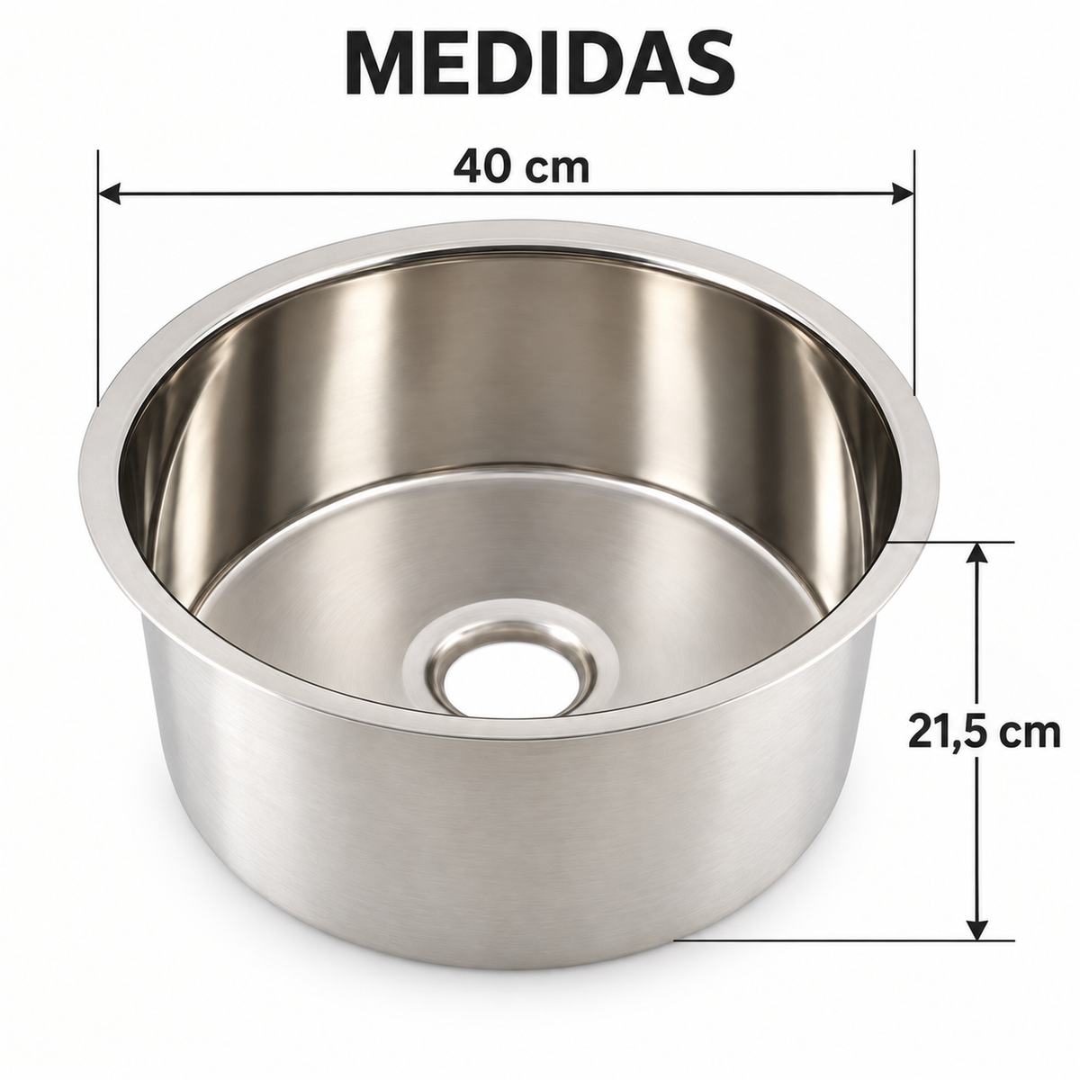 Medidas del lavaplatos: 40 cm de diámetro y 21,5 cm de profundidad