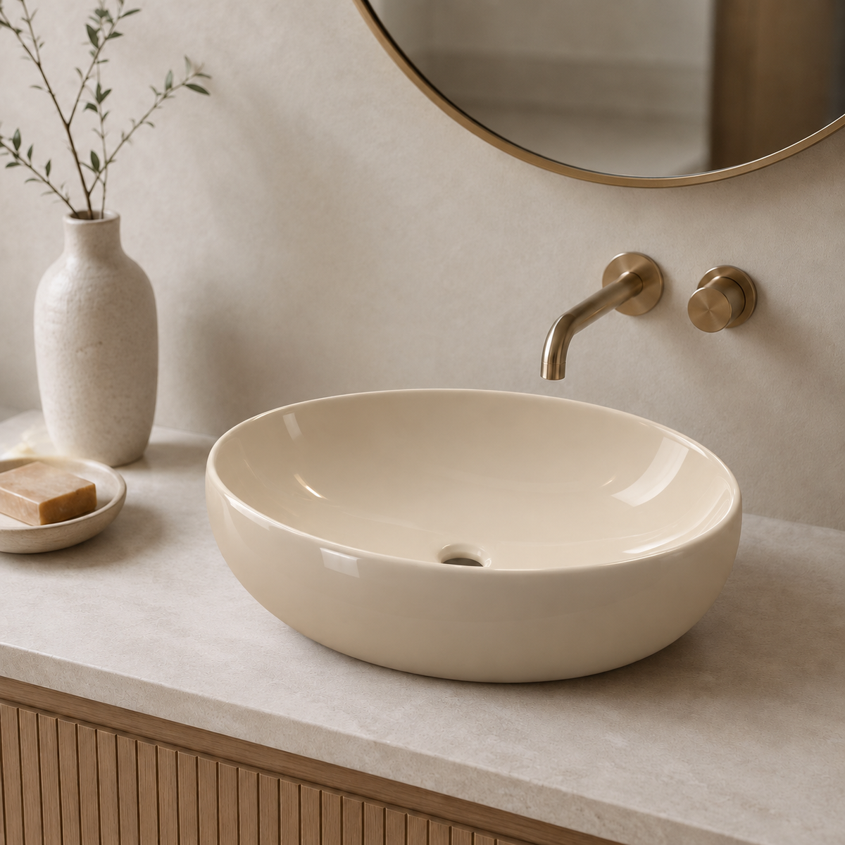 Lavamanos Sobreponer Ovalado Beige en Porcelana 42 x 30 x 15.5 cm