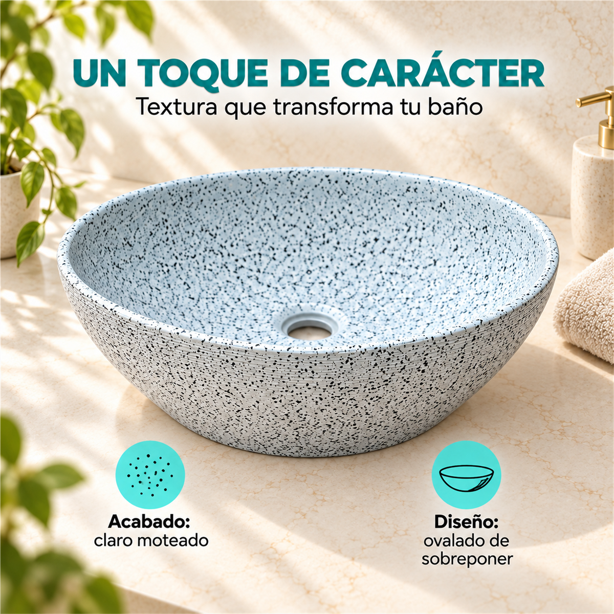 Detalle del acabado claro moteado y diseño ovalado de sobreponer