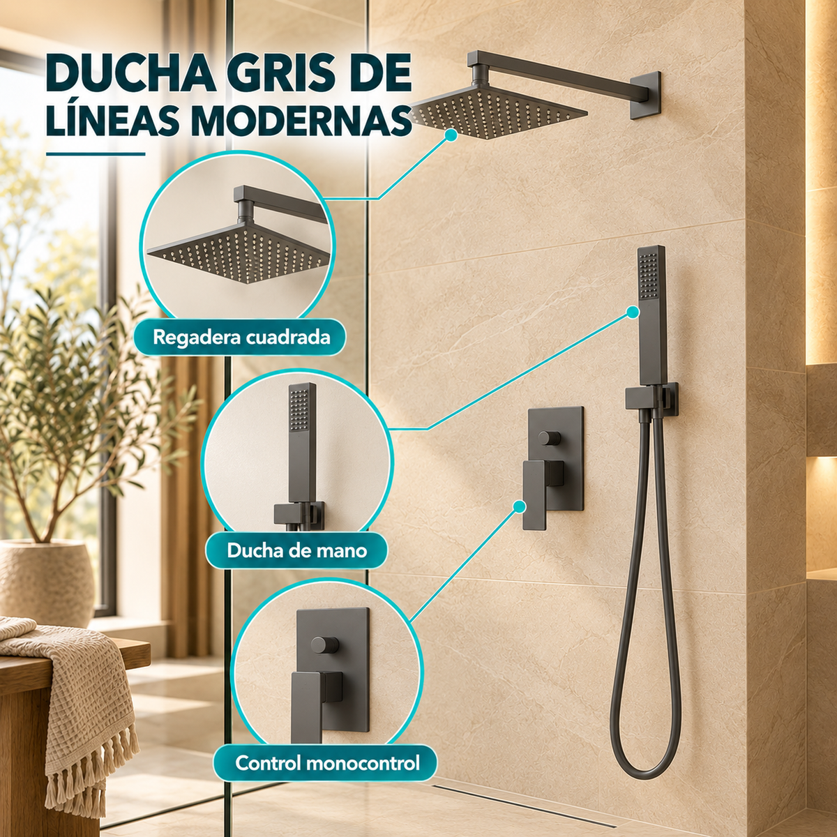 Características visuales de regadera cuadrada, ducha de mano y monocontrol