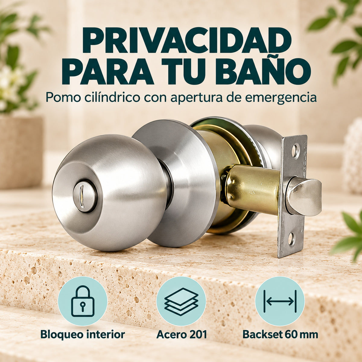 Pomo De Baño En Acero Backset 60 mm — caracteristicas