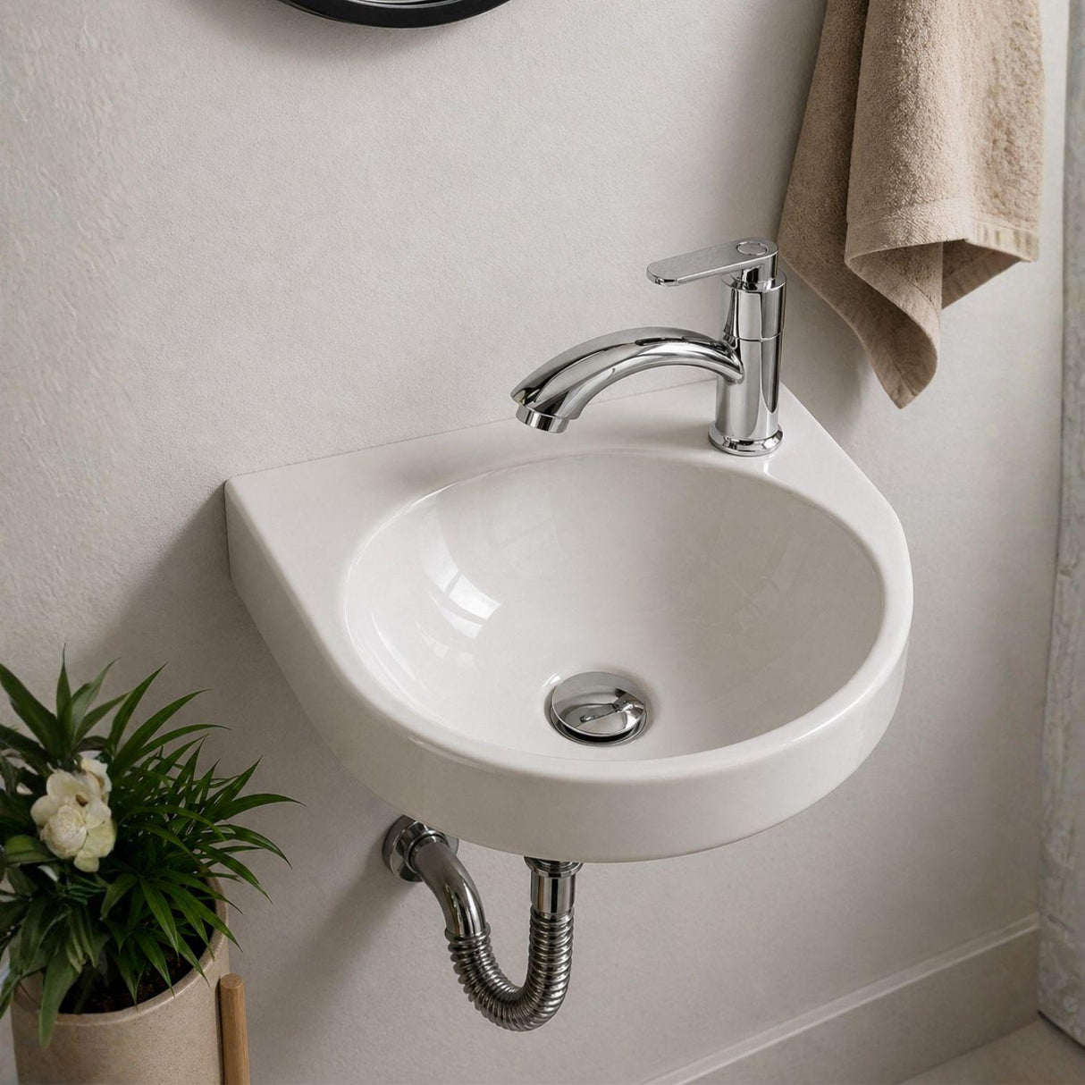 Kit Lavamanos Colgar Blanco 29x29 cm + Llave Cromada Palanca + Desagüe Push Sifón Flexible Completo Baño