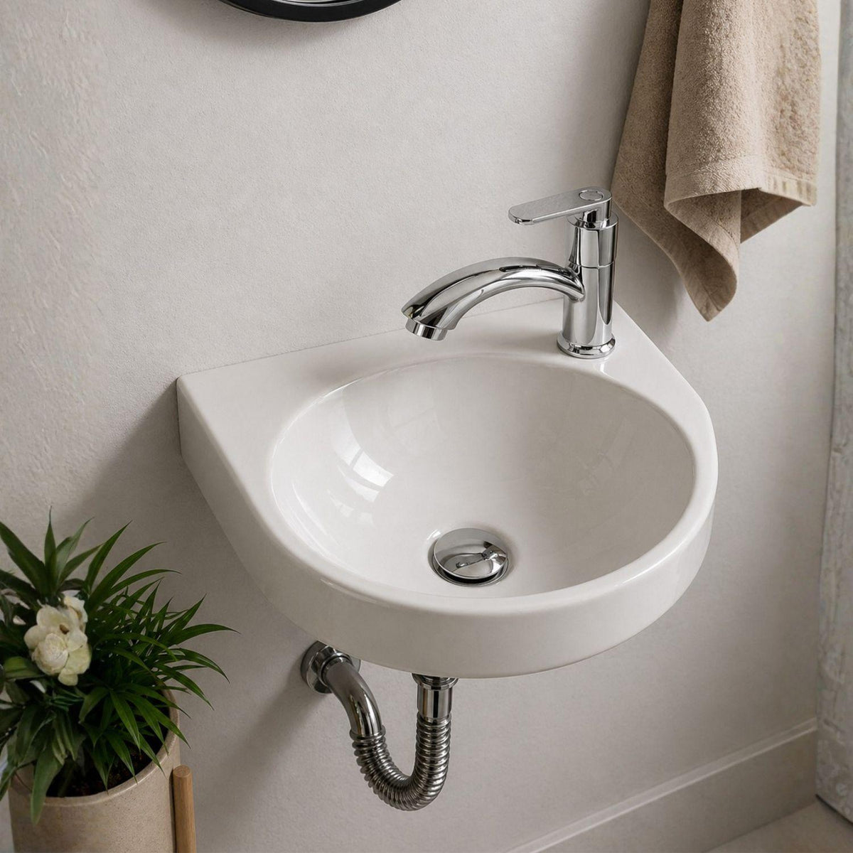 Kit Lavamanos Colgar Blanco 29x29 cm + Llave Cromada Palanca + Desagüe Push Sifón Flexible Completo Baño
