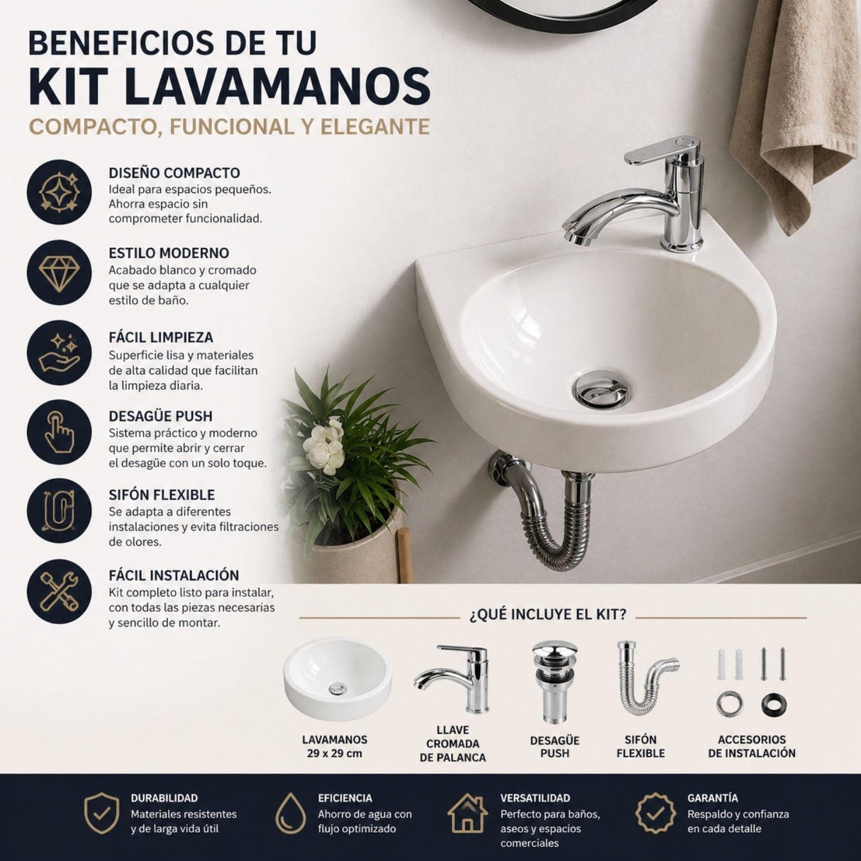 Kit Lavamanos Colgar Blanco 29x29 cm + Llave Cromada Palanca + Desagüe Push Sifón Flexible Completo Baño