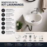Kit Lavamanos Colgar Blanco 29x29 cm + Llave Cromada Palanca + Desagüe Push Sifón Flexible Completo Baño