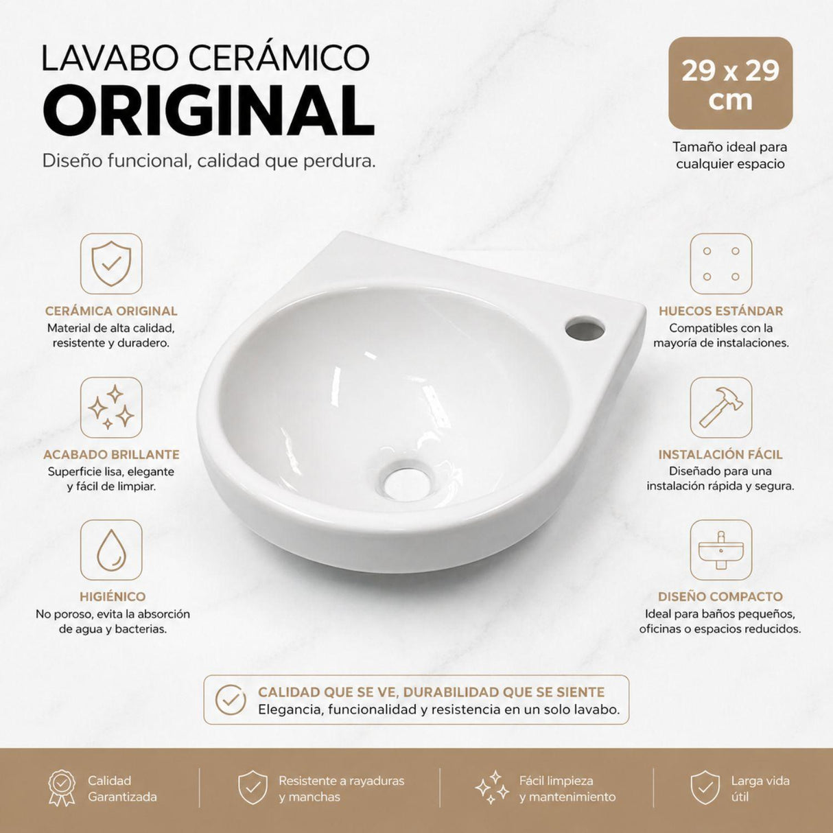 Kit Lavamanos Colgar Blanco 29x29 cm + Llave Cromada Palanca + Desagüe Push Sifón Flexible Completo Baño