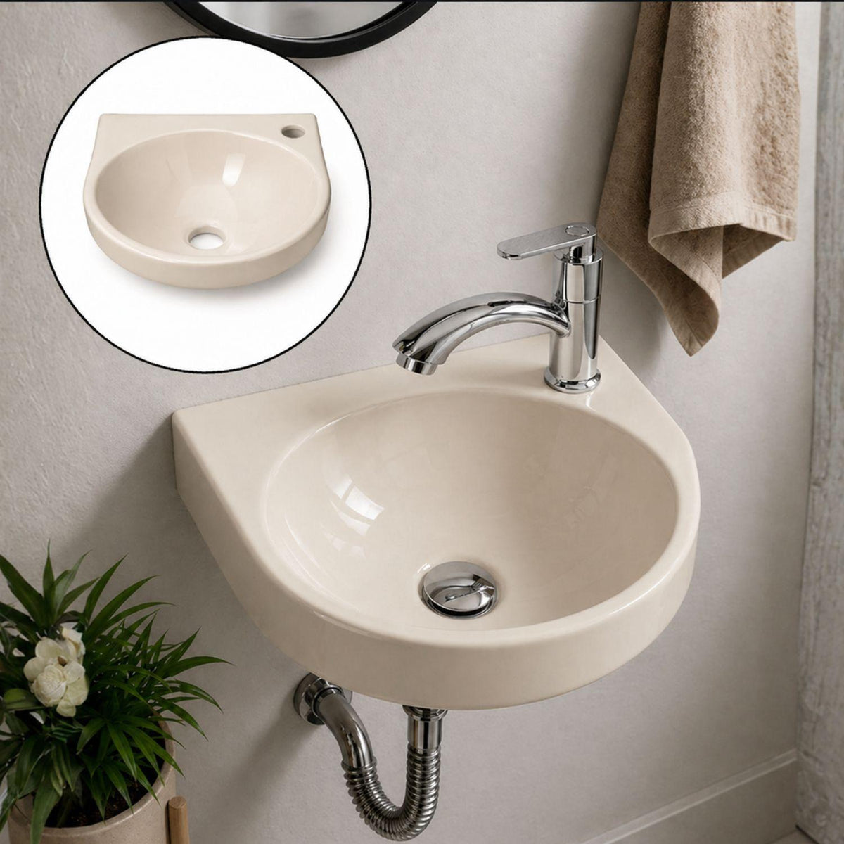 Kit Lavamanos Colgar Bone 29x29 cm + Llave Cromada Palanca + Desagüe Push Sifón Flexible Completo Baño