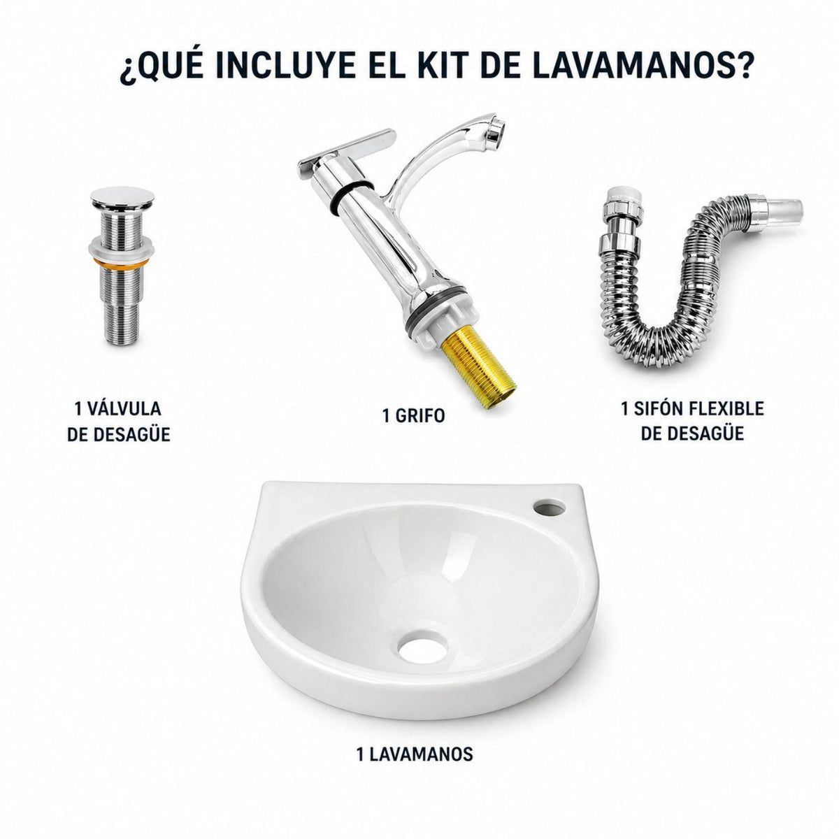 Kit Lavamanos Colgar Bone 29x29 cm + Llave Cromada Palanca + Desagüe Push Sifón Flexible Completo Baño