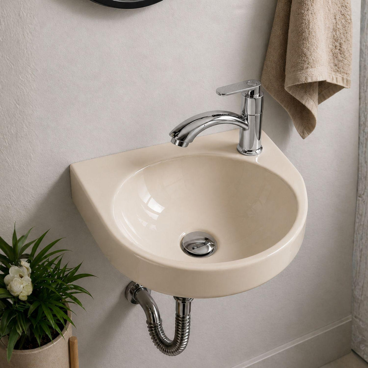 Kit Lavamanos Colgar Bone 29x29 cm + Llave Cromada Palanca + Desagüe Push Sifón Flexible Completo Baño