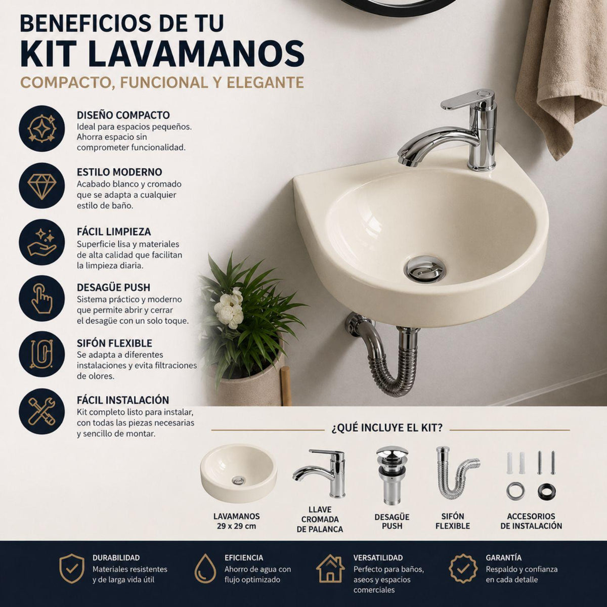 Kit Lavamanos Colgar Bone 29x29 cm + Llave Cromada Palanca + Desagüe Push Sifón Flexible Completo Baño