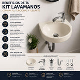 Kit Lavamanos Colgar Bone 29x29 cm + Llave Cromada Palanca + Desagüe Push Sifón Flexible Completo Baño