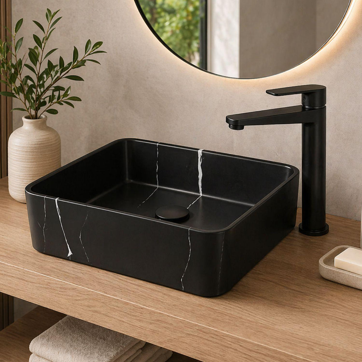 Kit Lavamanos Rectangular Negro 48x37x13 cm + Grifería Alta Lincon Negra + Sifón Integrado con Push Negro – Combo Vessel Completo para Baño