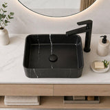 Kit Lavamanos Rectangular Negro 48x37x13 cm + Grifería Alta Lincon Negra + Sifón Integrado con Push Negro – Combo Vessel Completo para Baño