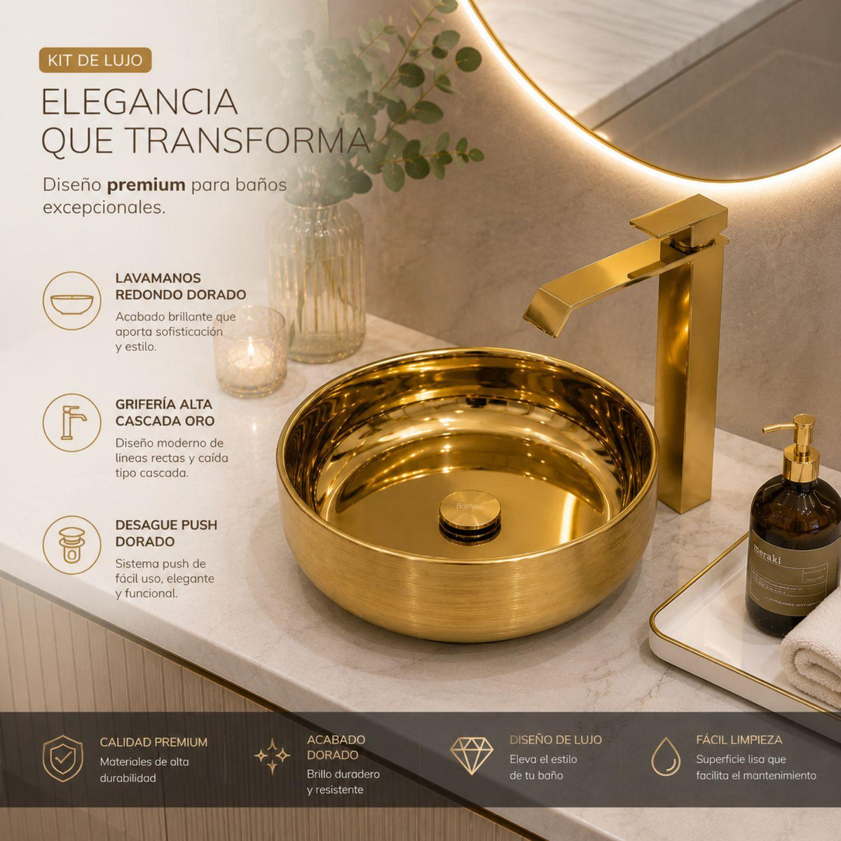 Kit Lavamanos Redondo Dorado Tipo Vessel 36.5 cm + Grifería Alta Cascada Oro + Desagüe Push Premium para Baño Moderno