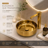Kit Lavamanos Redondo Dorado Tipo Vessel 36.5 cm + Grifería Alta Cascada Oro + Desagüe Push Premium para Baño Moderno