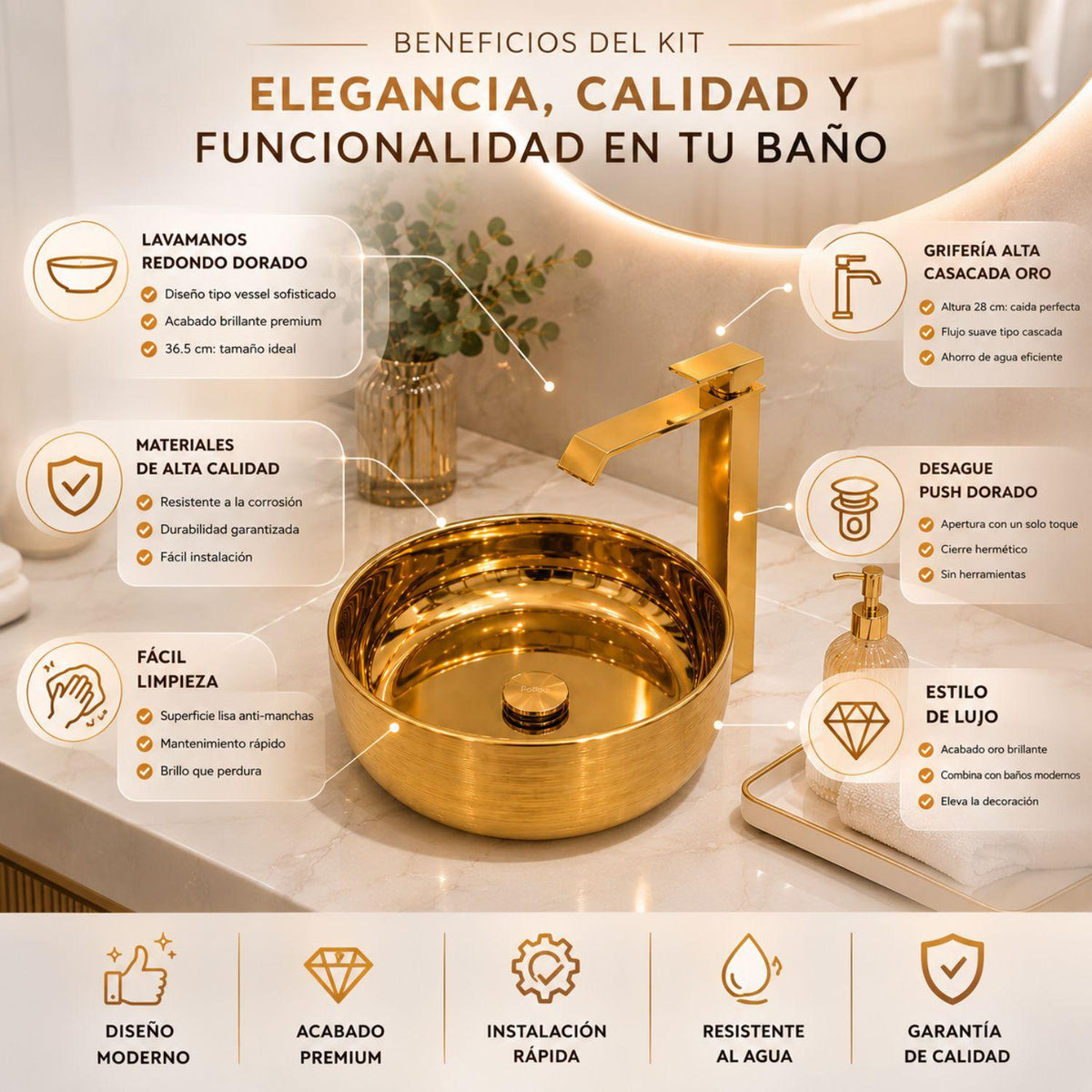 Kit Lavamanos Redondo Dorado Tipo Vessel 36.5 cm + Grifería Alta Cascada Oro + Desagüe Push Premium para Baño Moderno