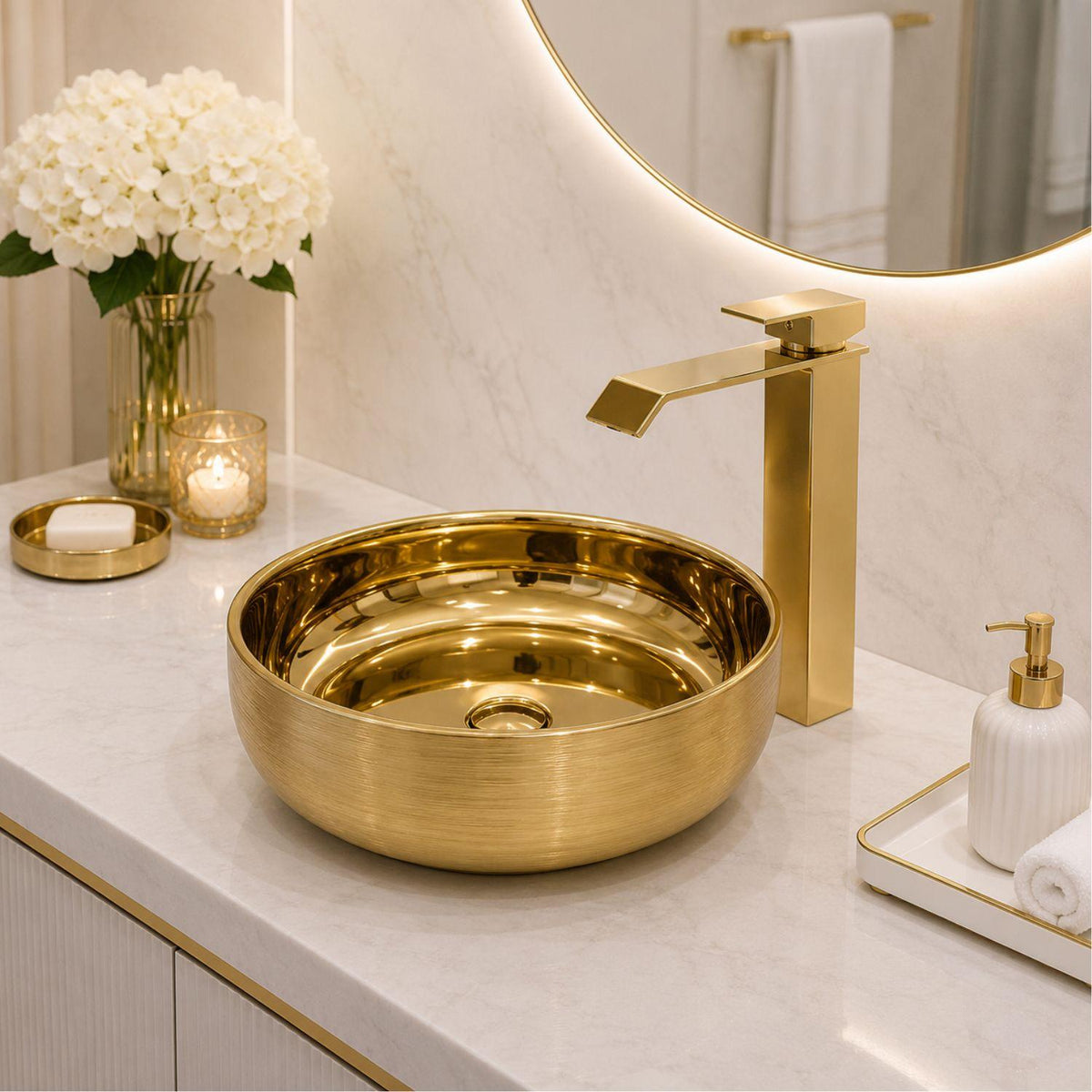 Kit Lavamanos Redondo Dorado Tipo Vessel 36.5 cm + Grifería Alta Cascada Oro + Desagüe Push Premium para Baño Moderno