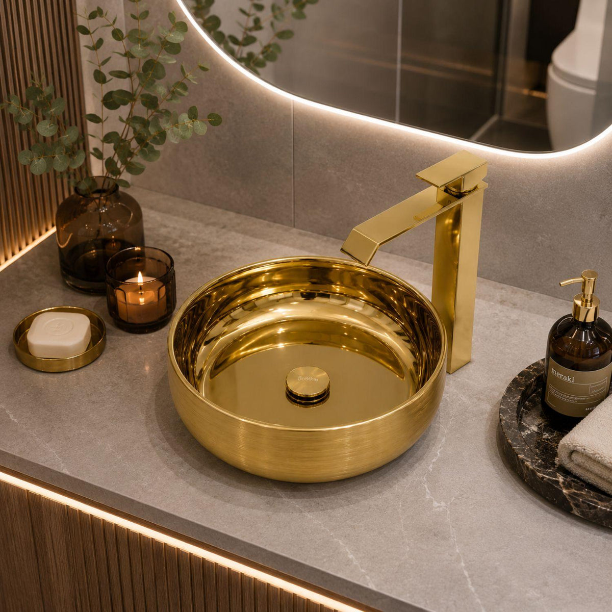 Kit Lavamanos Redondo Dorado Tipo Vessel 36.5 cm + Grifería Alta Cascada Oro + Desagüe Push Premium para Baño Moderno
