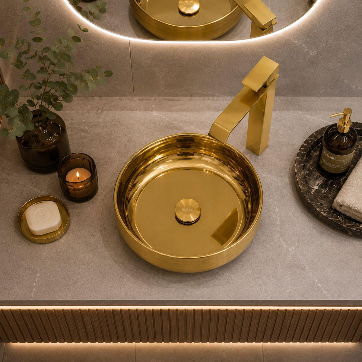 Kit Lavamanos Redondo Dorado Tipo Vessel 36.5 cm + Grifería Alta Cascada Oro + Desagüe Push Premium para Baño Moderno