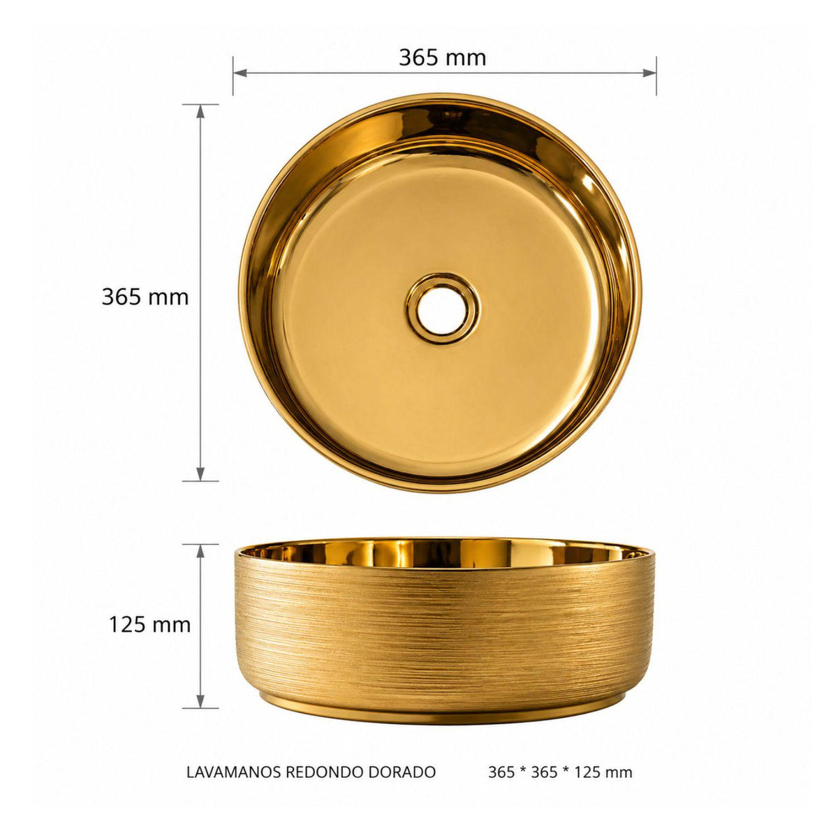 Kit Lavamanos Redondo Dorado Tipo Vessel 36.5 cm + Grifería Alta Cascada Oro + Desagüe Push Premium para Baño Moderno