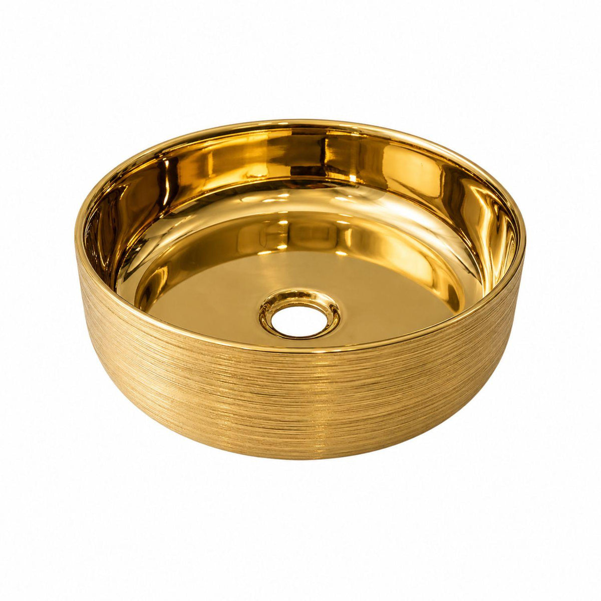 Kit Lavamanos Redondo Dorado Tipo Vessel 36.5 cm + Grifería Alta Cascada Oro + Desagüe Push Premium para Baño Moderno