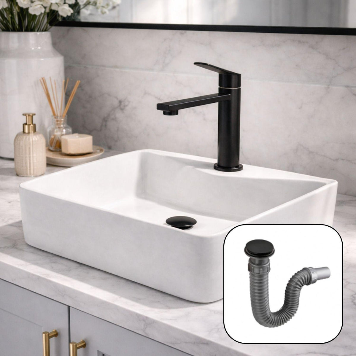 Kit Lavamanos Sobreponer Rectangular Blanco 40x30 cm + Grifería Baja Negra + Sifón Push Negro – Baño Moderno Completo