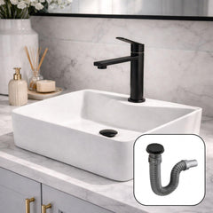 Kit Lavamanos Sobreponer Rectangular Blanco 40x30 cm + Grifería Baja Negra + Sifón Push Negro – Baño Moderno Completo