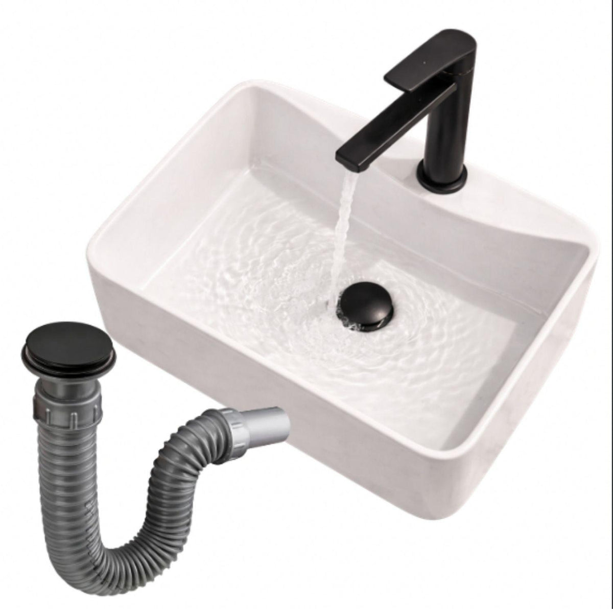 Kit Lavamanos Sobreponer Rectangular Blanco 40x30 cm + Grifería Baja Negra + Sifón Push Negro – Baño Moderno Completo