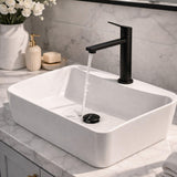Kit Lavamanos Sobreponer Rectangular Blanco 40x30 cm + Grifería Baja Negra + Sifón Push Negro – Baño Moderno Completo