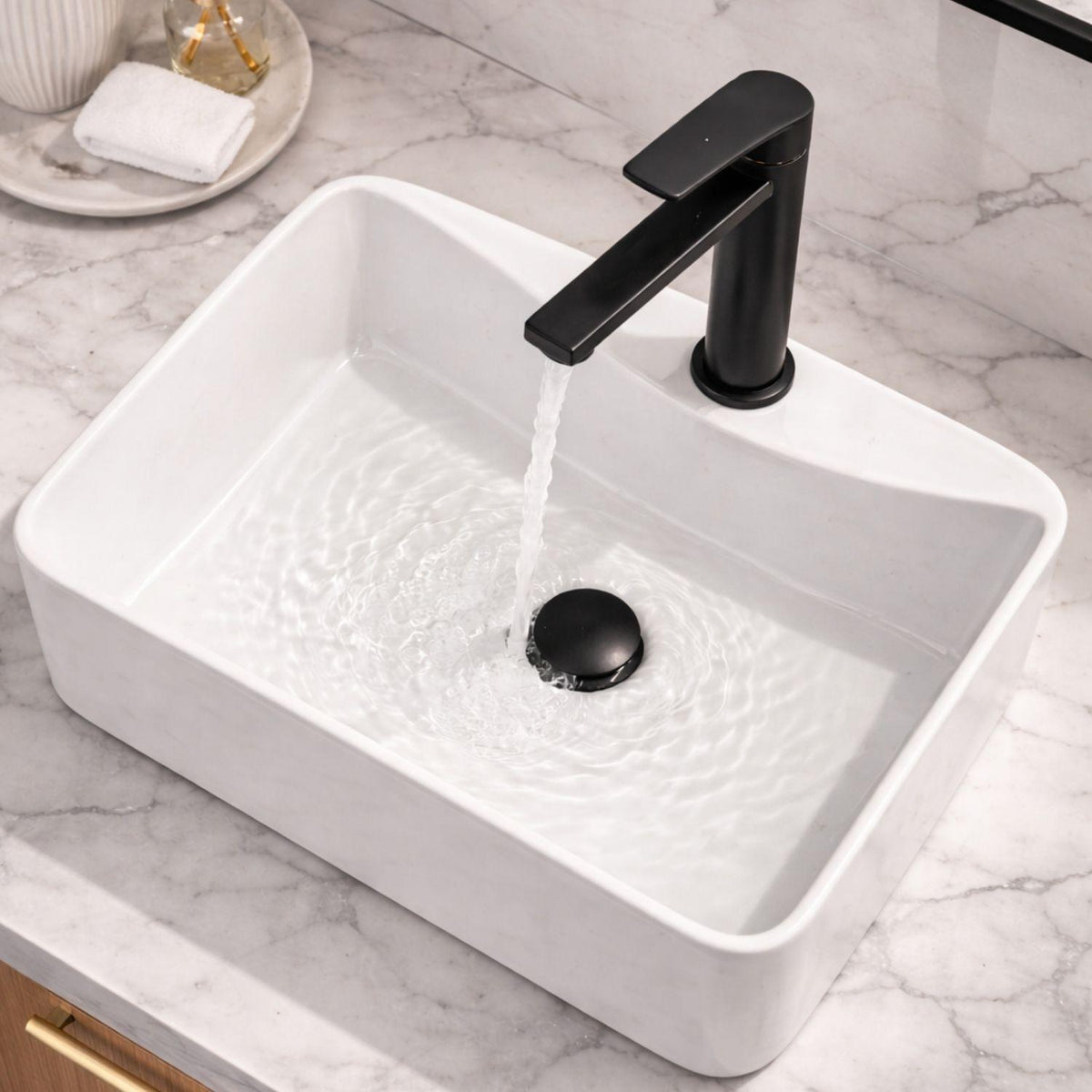 Kit Lavamanos Sobreponer Rectangular Blanco 40x30 cm + Grifería Baja Negra + Sifón Push Negro – Baño Moderno Completo