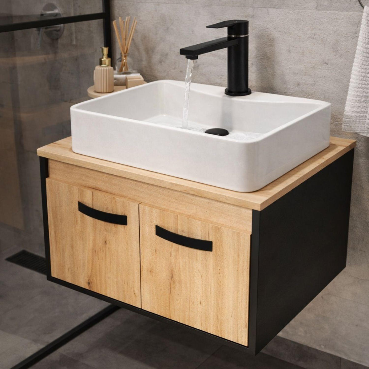 Kit Lavamanos Sobreponer Rectangular Blanco 40x30 cm + Grifería Baja Negra + Sifón Push Negro – Baño Moderno Completo