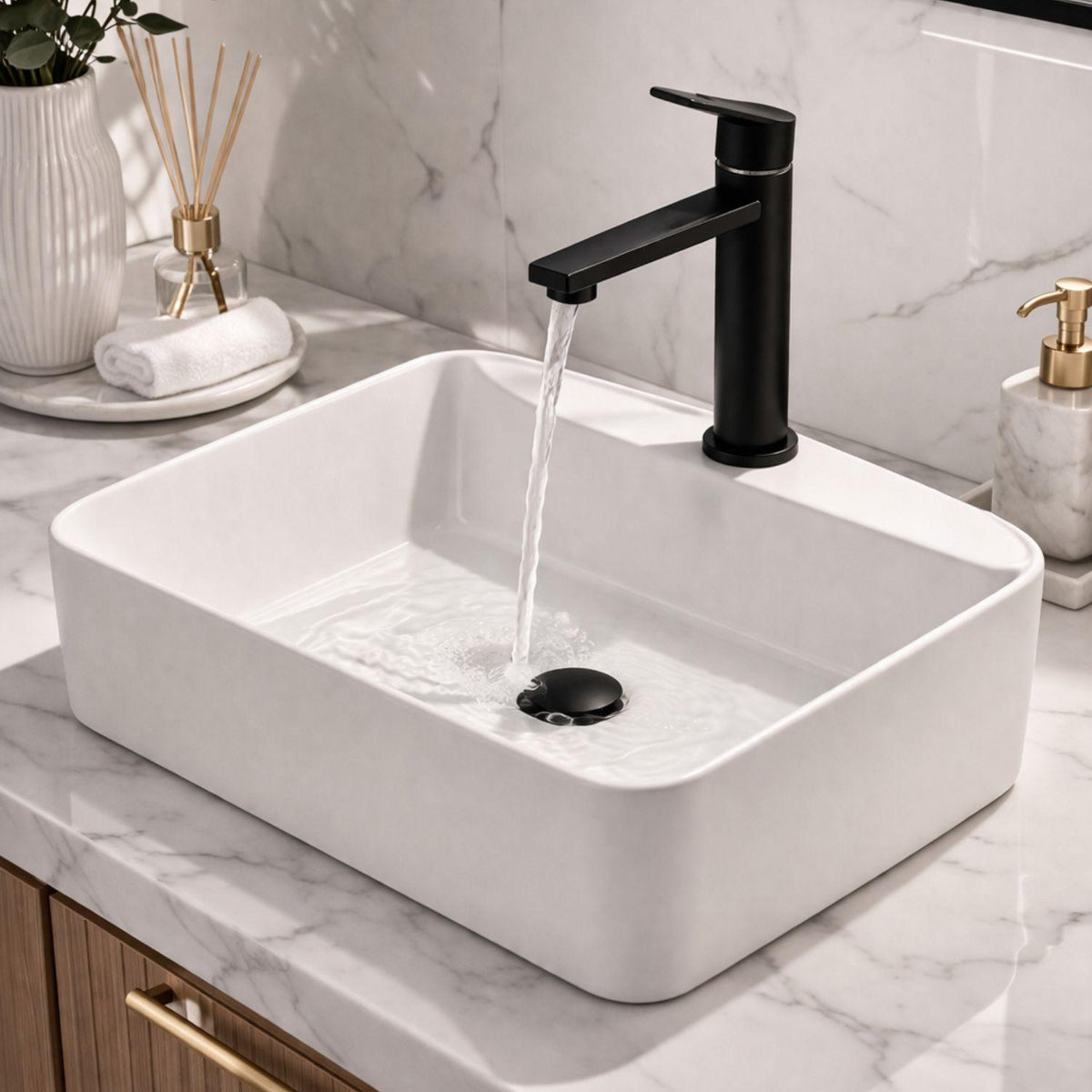 Kit Lavamanos Sobreponer Rectangular Blanco 40x30 cm + Grifería Baja Negra + Sifón Push Negro – Baño Moderno Completo