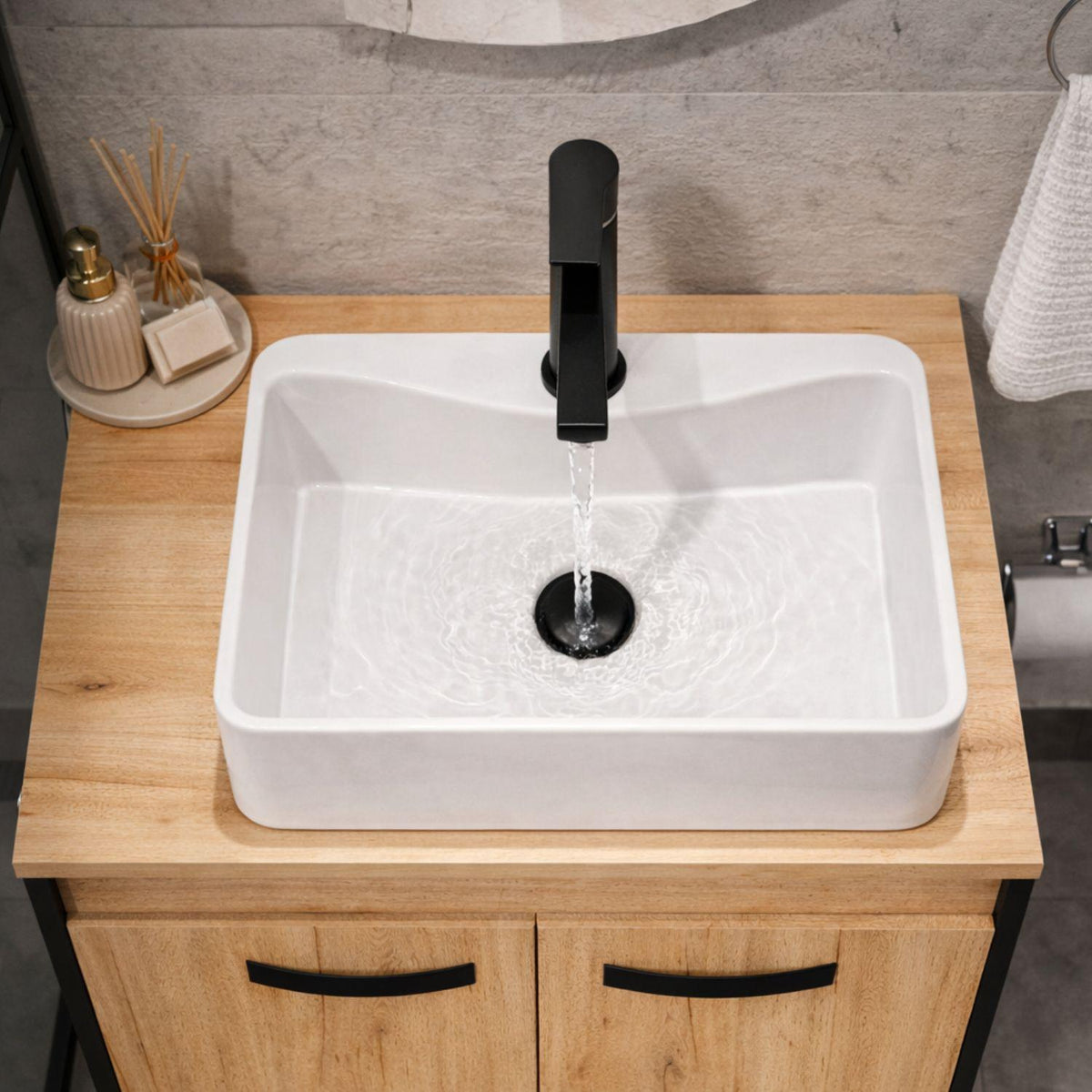 Kit Lavamanos Sobreponer Rectangular Blanco 40x30 cm + Grifería Baja Negra + Sifón Push Negro – Baño Moderno Completo