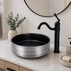 Kit Lavamanos Vessel Alpha Negro y Plateado 36x36 cm + Grifería Alta Negra Tokio + Sifón Push Integrado Premium | Combo Moderno para Baño