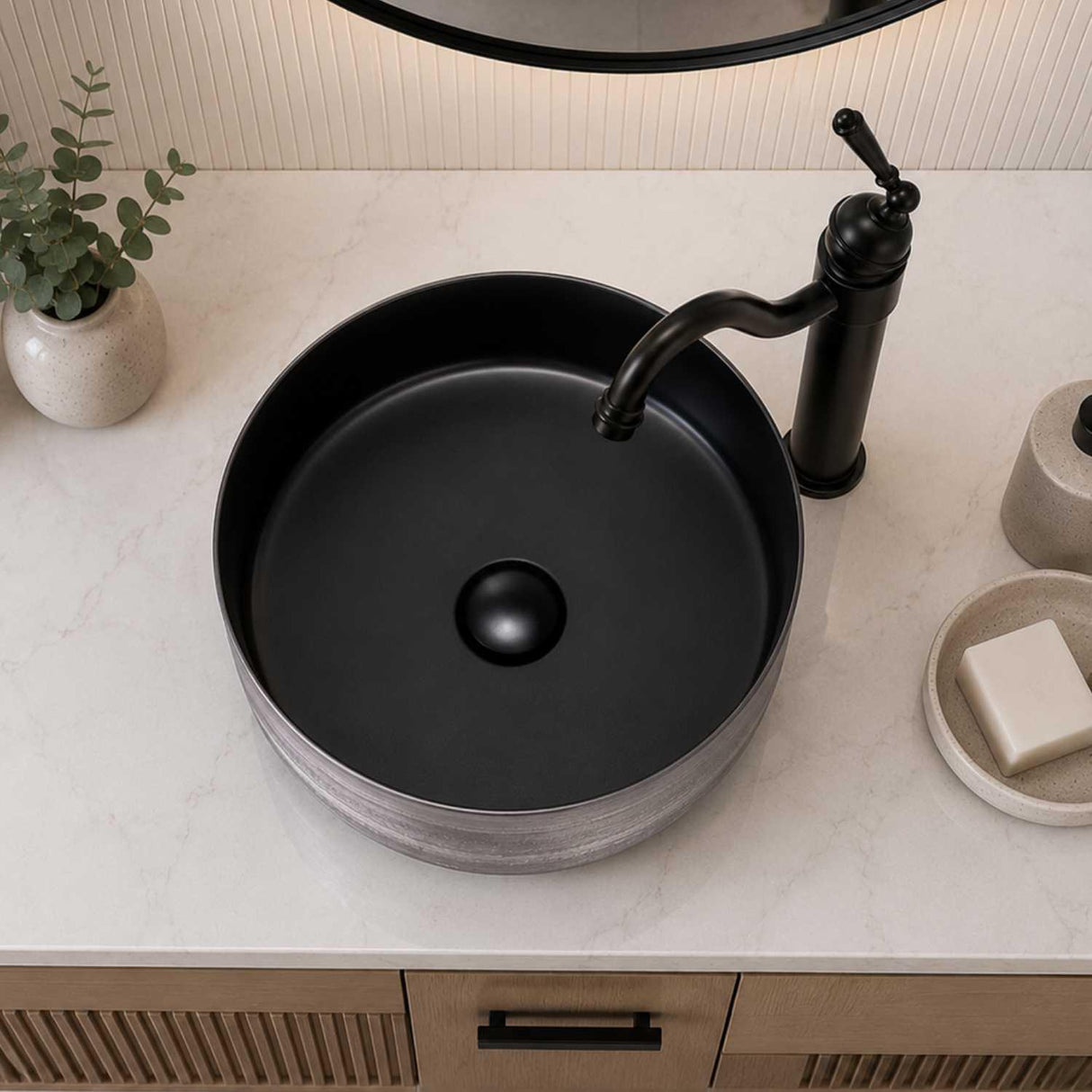 Kit Lavamanos Vessel Alpha Negro y Plateado 36x36 cm + Grifería Alta Negra Tokio + Sifón Push Integrado Premium | Combo Moderno para Baño