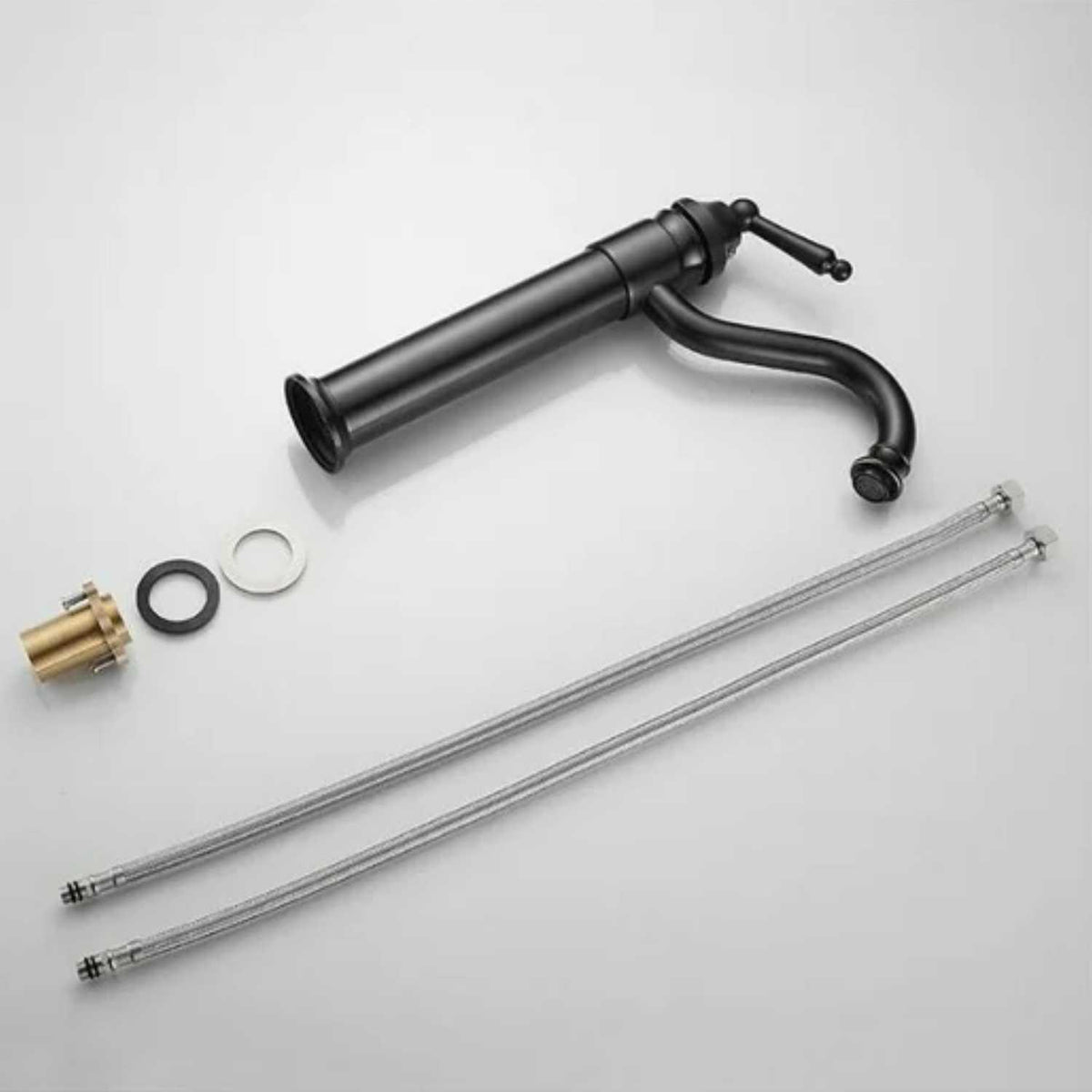 Kit Lavamanos Vessel Alpha Negro y Plateado 36x36 cm + Grifería Alta Negra Tokio + Sifón Push Integrado Premium | Combo Moderno para Baño