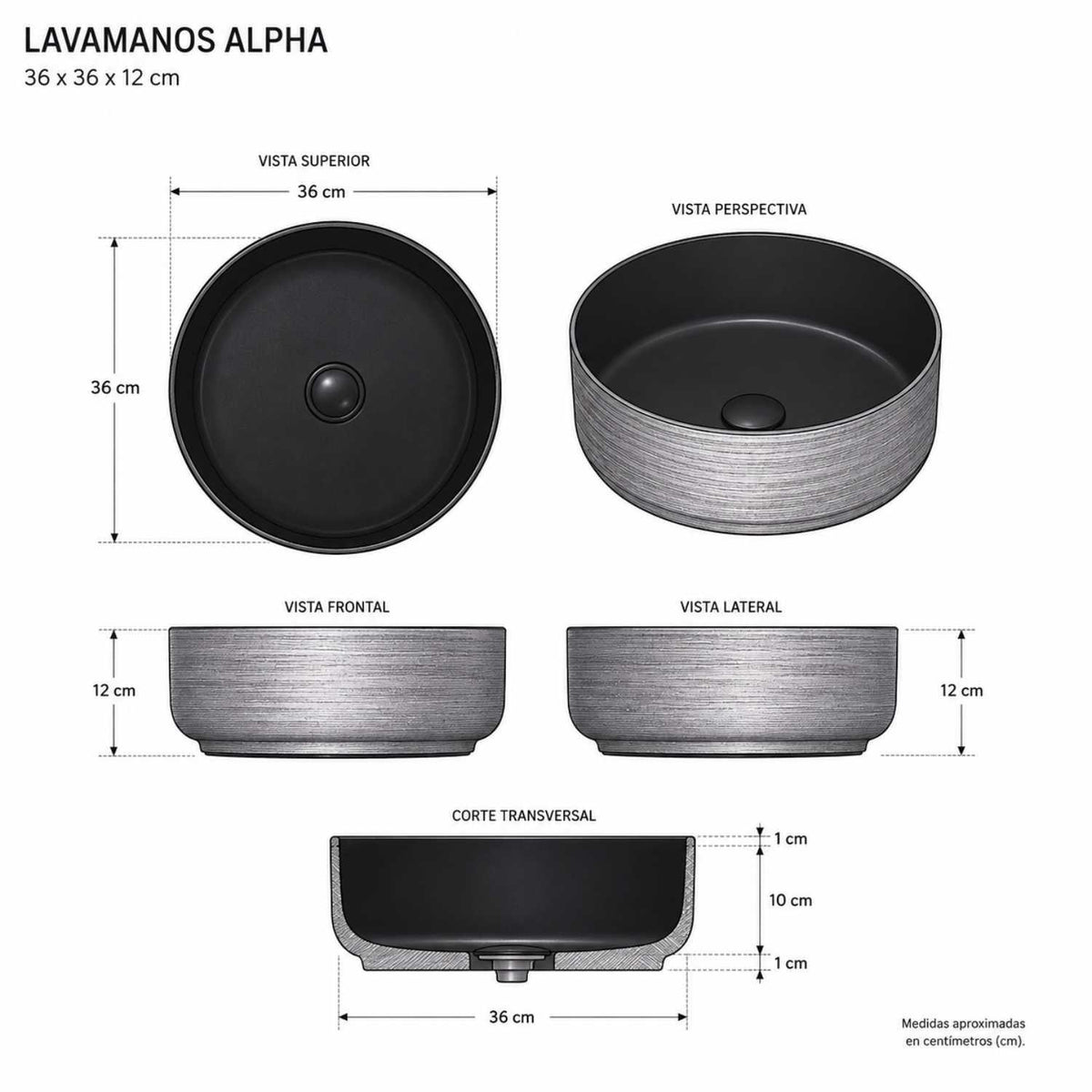 Kit Lavamanos Vessel Alpha Negro y Plateado 36x36 cm + Grifería Alta Negra Tokio + Sifón Push Integrado Premium | Combo Moderno para Baño