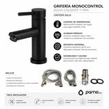 Kit Lavamanos Vessel Negro Mate 42x42 cm + Grifería Monocontrol Negra + Sifón Push Premium