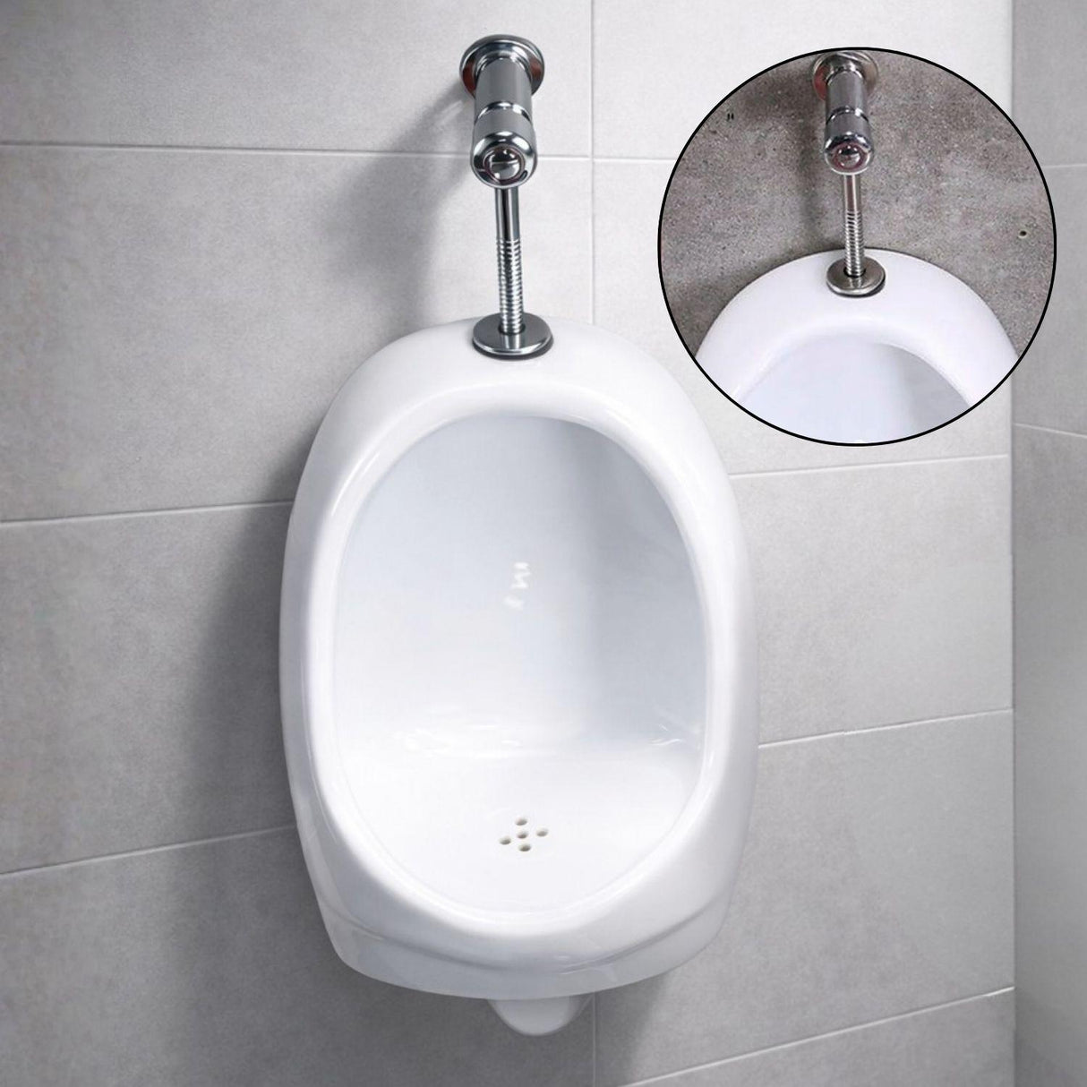 Kit Orinal Completo en Porcelana Blanco con Válvula Push Automática Metálica + Sifón y Adaptador de Instalación