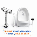 Kit Orinal Completo en Porcelana Blanco con Válvula Push Automática Metálica + Sifón y Adaptador de Instalación