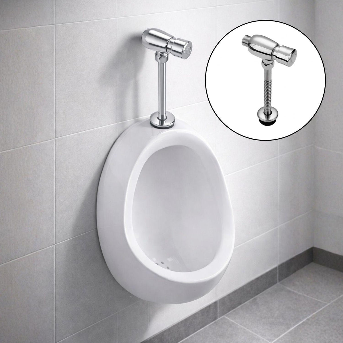 Kit Orinal en Porcelana 30x32x46 cm + Grifería Push Metálica Automática con Adaptador – Sistema Completo para Baño Institucional