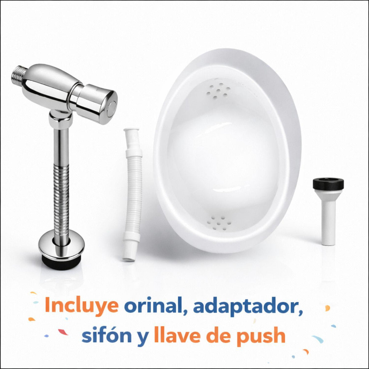 Kit Orinal en Porcelana 30x32x46 cm + Grifería Push Metálica Automática con Adaptador – Sistema Completo para Baño Institucional