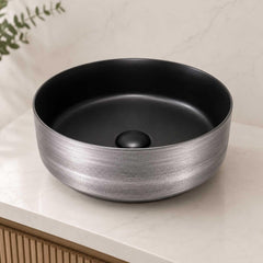 Lavamanos Vessel Alpha 36x36x12 Negro y Plateado Premium | Lavabo Sobreponer Moderno para Baño Elegante