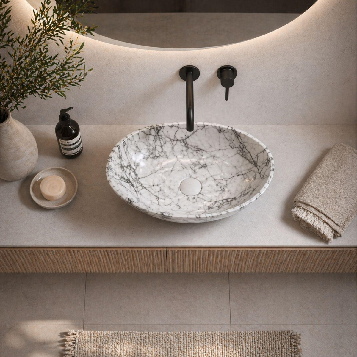 Lavamanos Estadio Oasi Mate 40x33x15 cm Tipo Vessel en Cerámica Marmolizada – Diseño Premium para Baño